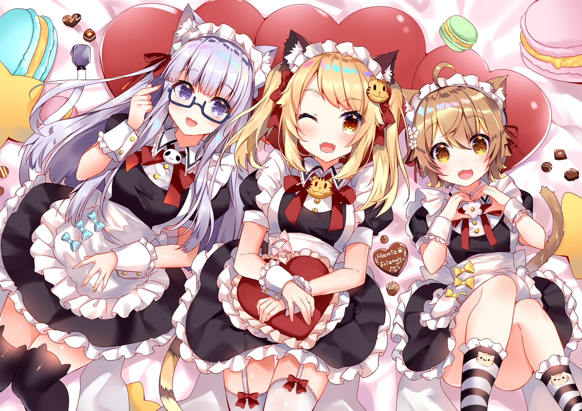 animal_ears, annin_miru, annin_miru_channel, apron, catgirl, chocolate, crossover, garter_belt, glasses, hoonie_friends, hoonie_(hoonie_friends), maid, orisu_(hoonie_friends), stockings, tail, usagihime, valentine, zettai_ryouiki