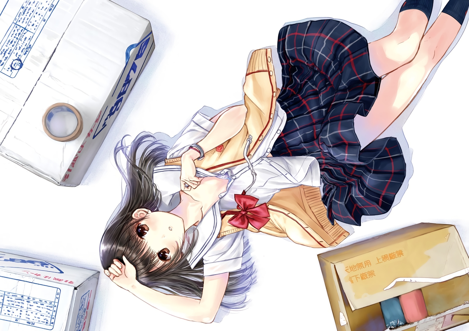 black_hair, brown_hair, chikasugiru_karera_no_juunanasai_no_tooi_kankai, izumi_rina, kazuharu_kina, kneehighs, long_hair, school_uniform, skirt, socks, wristwear