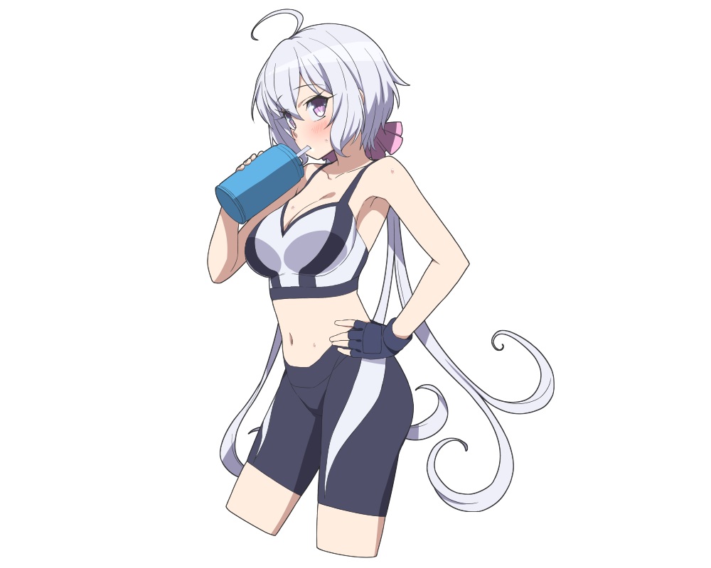aliasing, bike_shorts, breasts, cleavage, drink, gloves, gray_hair, gym_uniform