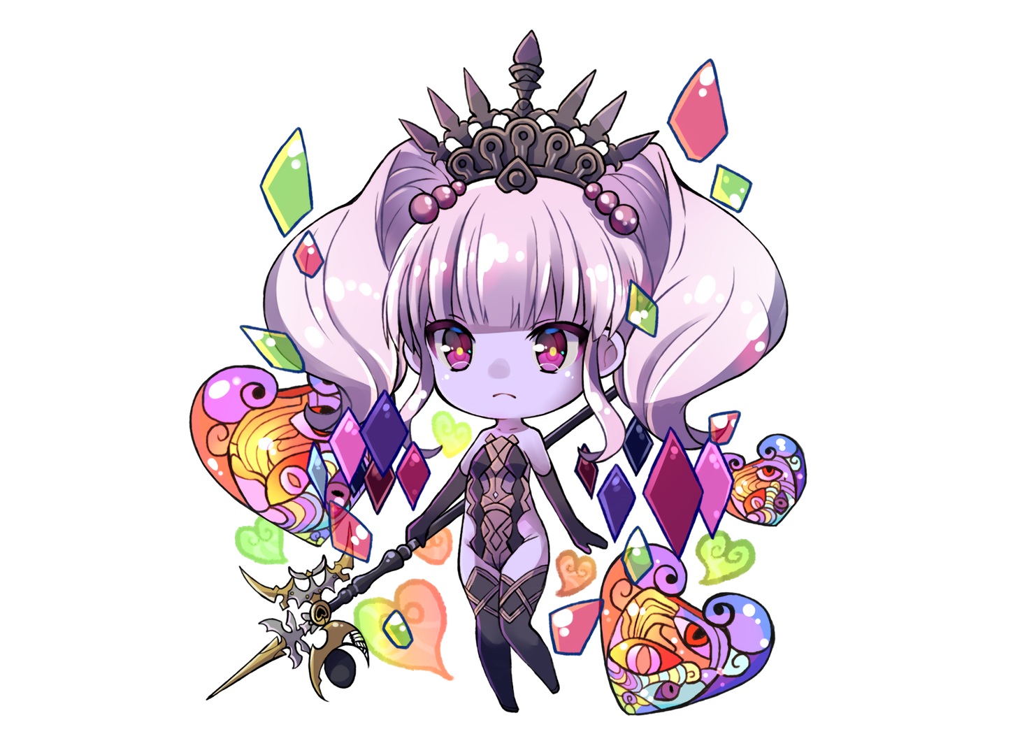 chibi, elbow_gloves, final_fantasy, final_fantasy_xiv, gloves, heart, purple_eyes, purple_hair, scathach_(ffxiv), spear, thighhighs, tiara, twintails, waifu2x, weapon, white, yuma_(pixiv38148735)