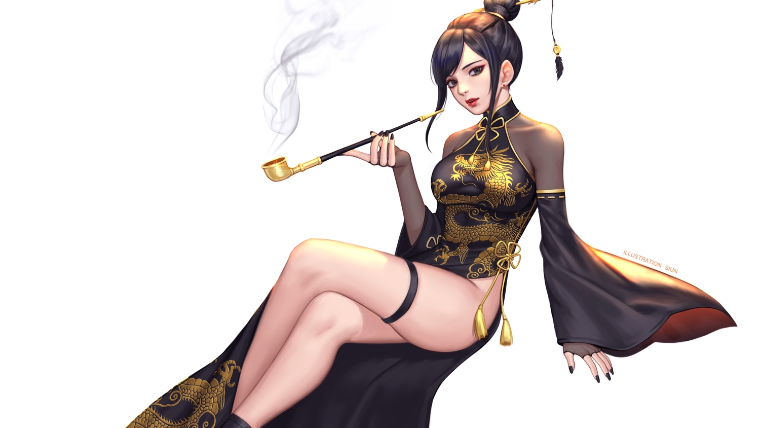 black_eyes, black_hair, chinese_clothes, chinese_dress, dress, garter, leotard, original