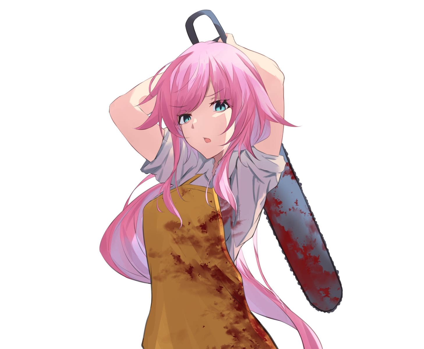 apron, aqua_eyes, blood, chainsaw, long_hair, nijisanji, pink_hair, shirt