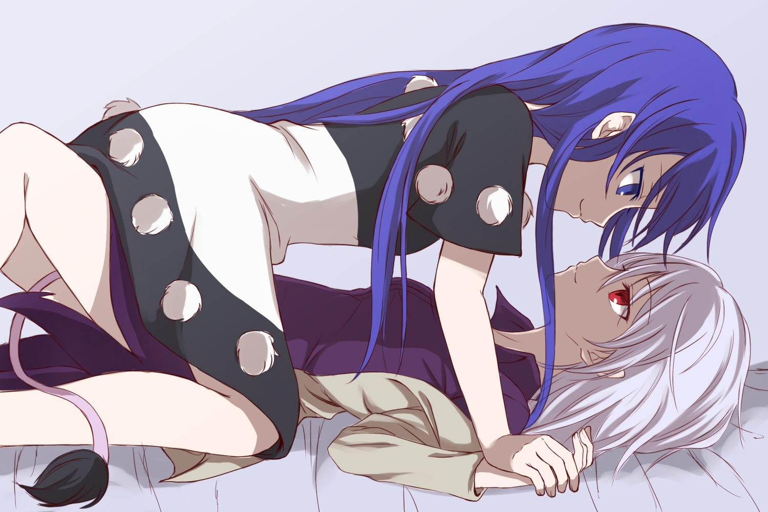 2girls, asatsuki_(fgfff), blue_eyes, blue_hair, doremy_sweet, dress, kishin_sagume, long_hair, red_eyes, short_hair, shoujo_ai, tail, touhou, white_hair