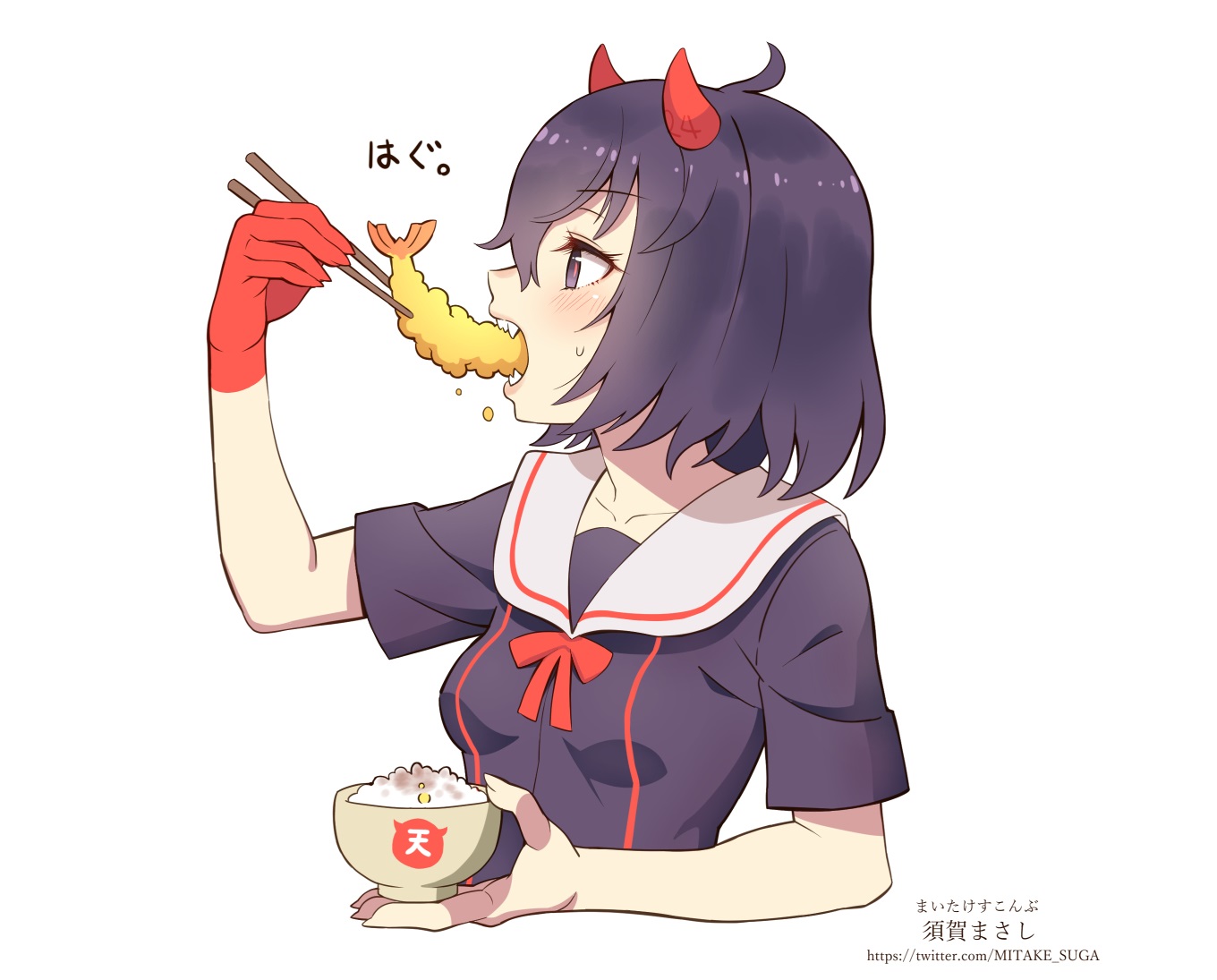 black_eyes, black_hair, blush, demon, fang, food, hentatsu, horns, oni_(hentatsu), school_uniform, short_hair, suka_masashi, watermark, white
