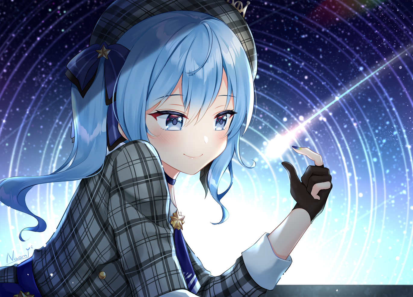 blue_eyes, blue_hair, bow, choker, dress, gloves, hat, hololive