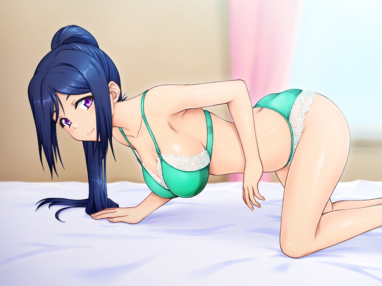 bed, blue_hair, bra, long_hair, love_live!_school_idol_project, love_live!_sunshine!!, matsuura_kanan, n_haduki