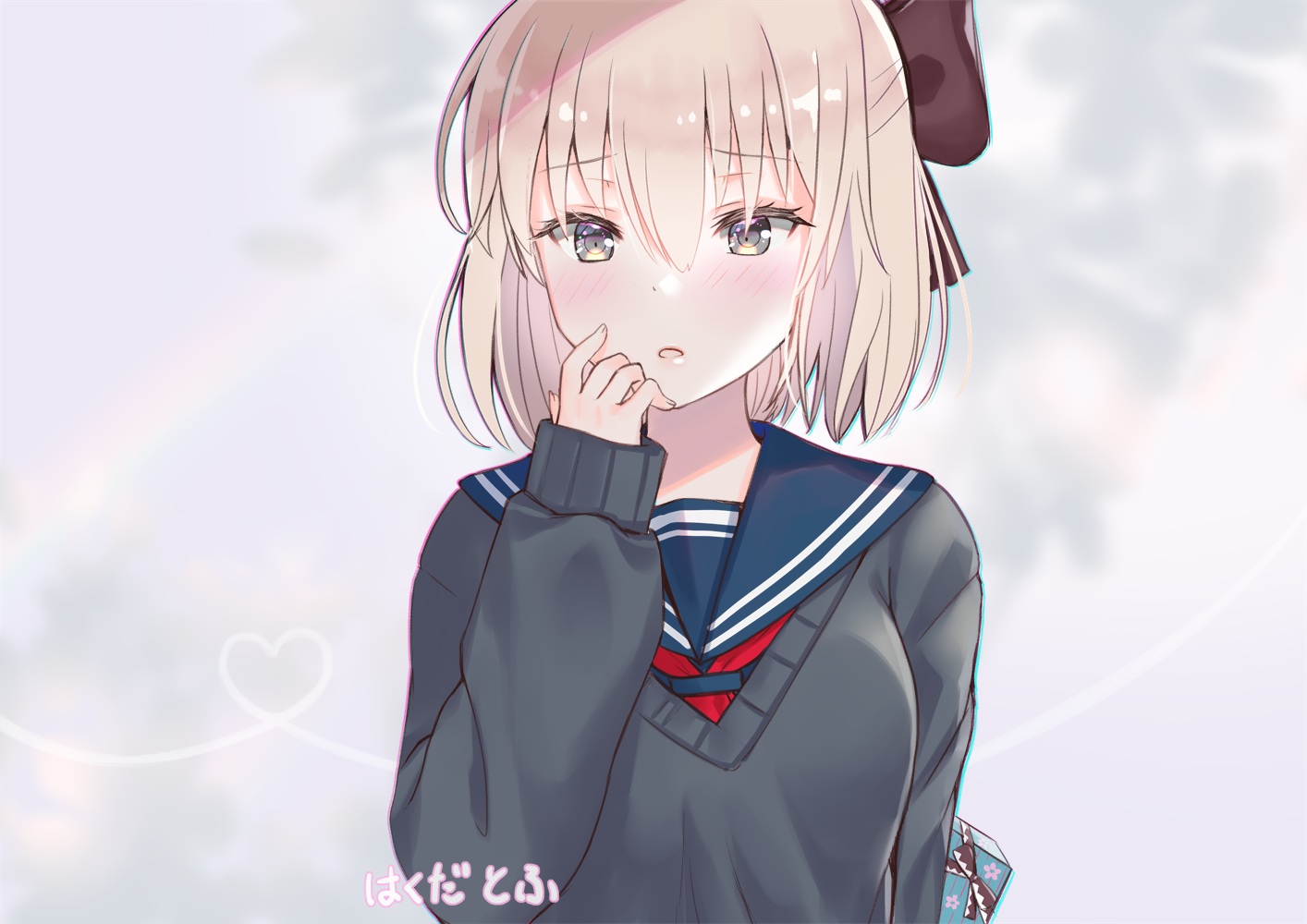 blonde_hair, blush, fate/grand_order, fate_(series), hakudatofu, okita_souji_(fate), school_uniform, short_hair, watermark
