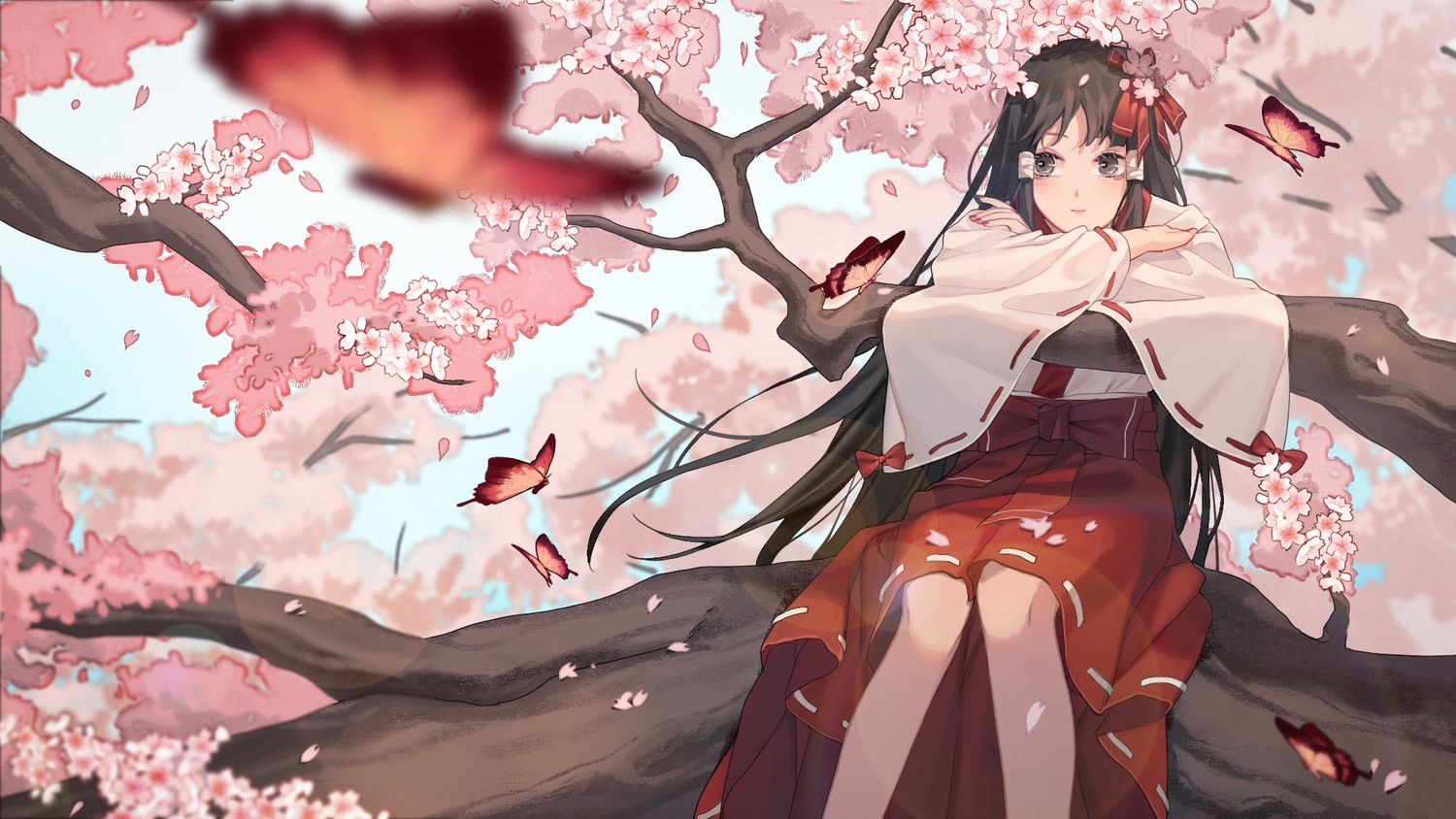 black_eyes, black_hair, butterfly, cherry_blossoms, flowers, houraisan_chouko, japanese_clothes, long_hair, miko, original, petals, tree