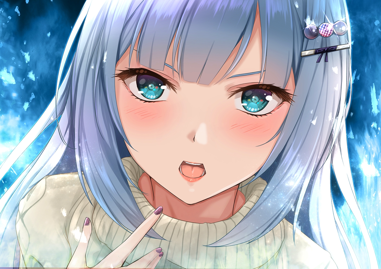 aqua_eyes, blush, close, gray_hair, idolmaster, idolmaster_shiny_colors, long_hair, shiraishi_tsumugi