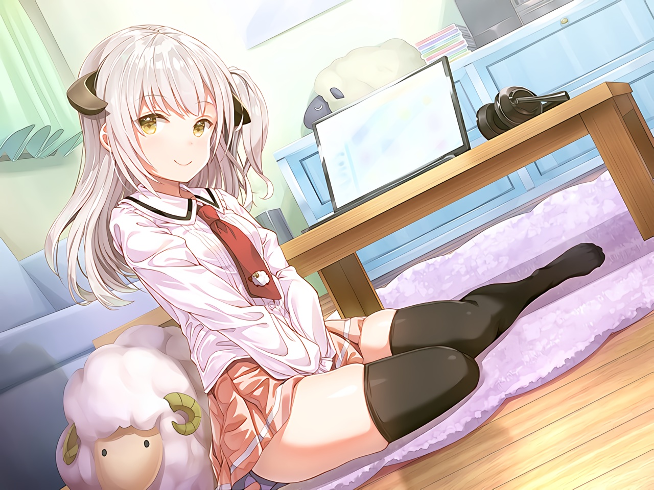 animal, computer, horns, odadadada, original, ponytail, school_uniform, sheep, shirt, skirt, thighhighs, tie, waifu2x, white_hair, yellow_eyes, zettai_ryouiki