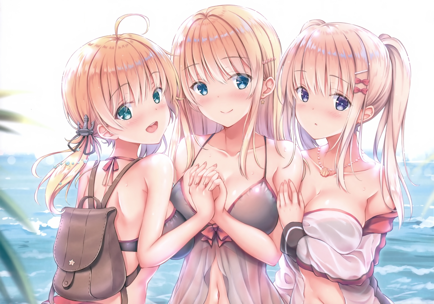 anthropomorphism, beach, bikini, bismarck_(kancolle), blonde_hair, blue_eyes, blush, breasts, cleavage, graf_zeppelin_(kancolle), green_eyes, kantai_collection, long_hair, navel, necklace, ponytail, prinz_eugen_(kancolle), purple_eyes, scan, see_through, swimsuit, tagme_(character), twintails, water, yuriko