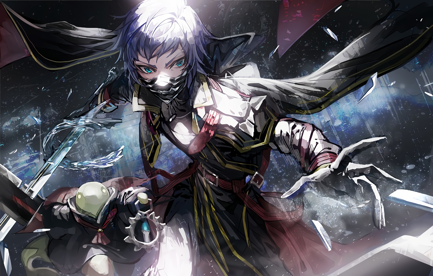 all_male, final_fantasy, final_fantasy_type_0, green_eyes, male, mask, mura_karuki, purple_hair, short_hair, susaya_kurasame, sword, waifu2x, weapon