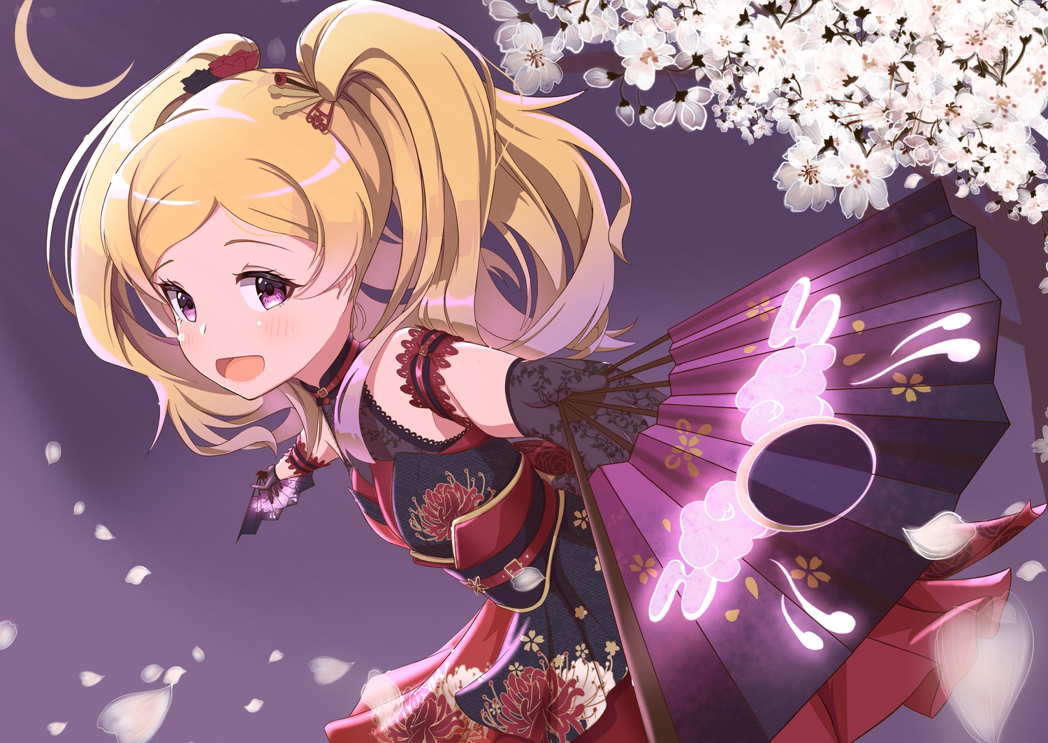 aritomi, blonde_hair, blush, emily_stewart, fan, flowers, gloves, idolmaster