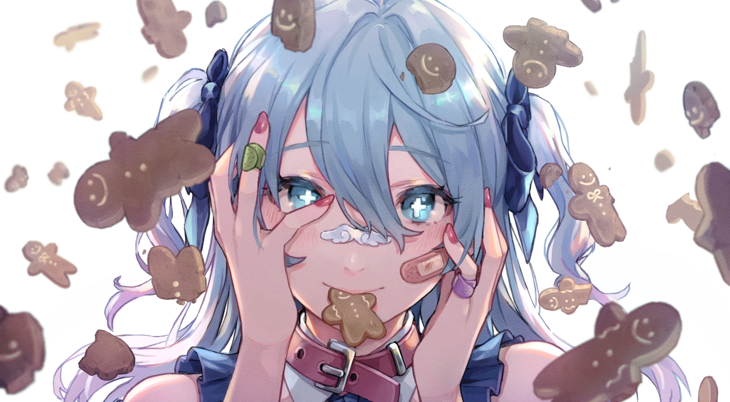 aqua_eyes, bandaid, blue_hair, blush, close, collar, food, long_hair