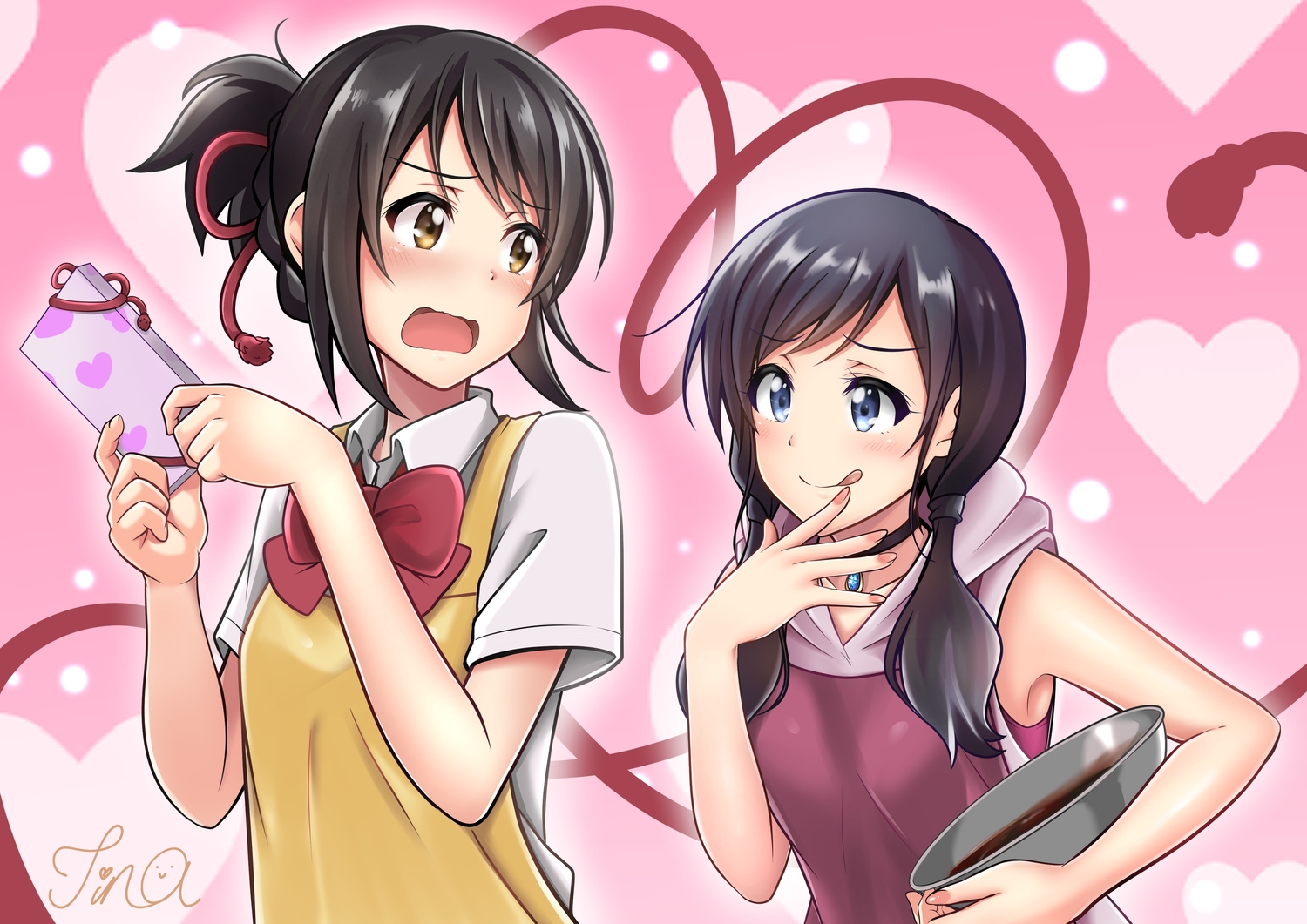 amano_hina, black_hair, blush, bow, brown_eyes, chocolate, crossover, kimi_no_na_wa, long_hair, miyamizu_mitsuha, ponytail, school_uniform, short_hair, signed, tenki_no_ko, tina_(pixiv37050289), twintails, valentine
