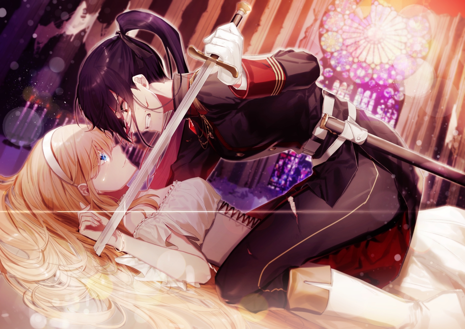 black_hair, blue_eyes, brown_eyes, brown_hair, corset, crying, gloves, headband, ichimonjikun2, long_hair, original, ponytail, shoujo_ai, sword, tears, torn_clothes, uniform, weapon