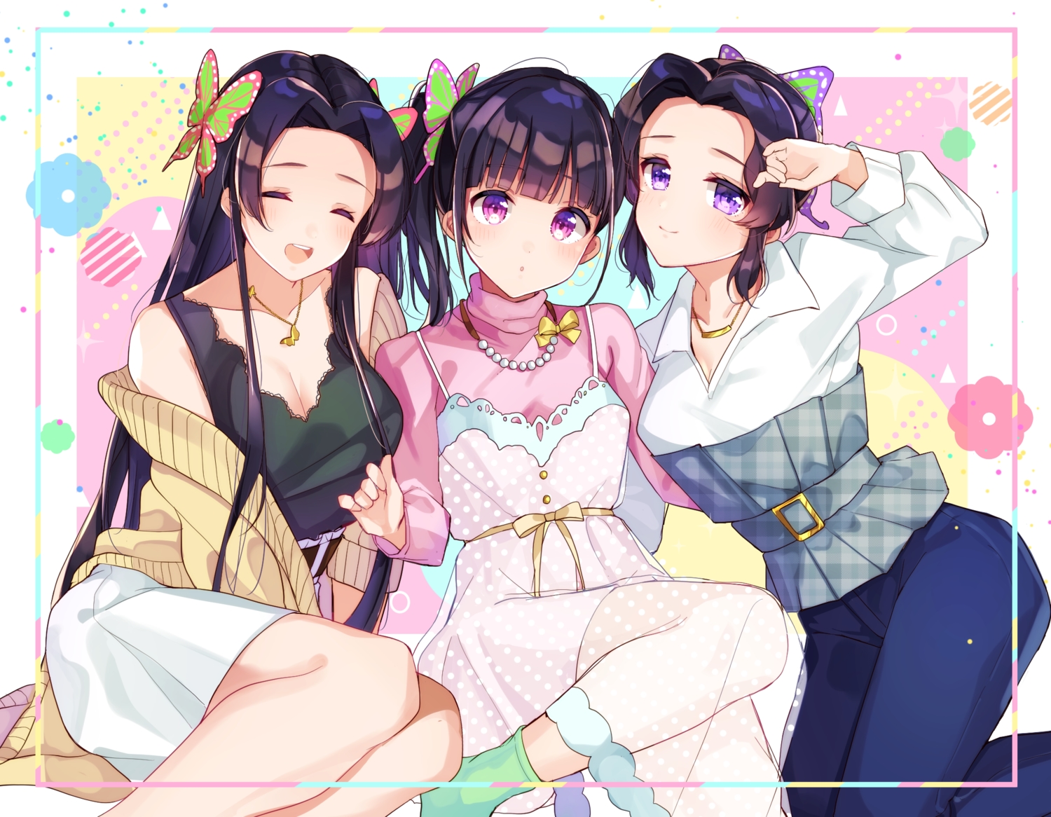 black_hair, blush, breasts, cleavage, goroo_(eneosu), kimetsu_no_yaiba, kochou_kanae, kochou_shinobu