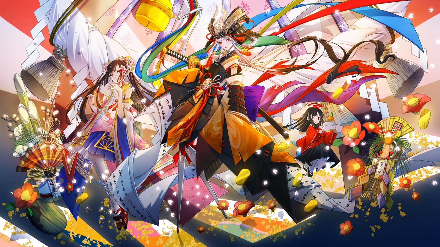 amada_(12785891), armor, bell, black_hair, brown_eyes, fan, flowers, food, fruit, gray_hair, japanese_clothes, katana, long_hair, onmyouji, orange_eyes, orange_(fruit), pointed_ears, red_eyes, samurai, sword, tagme_(character), twintails, weapon