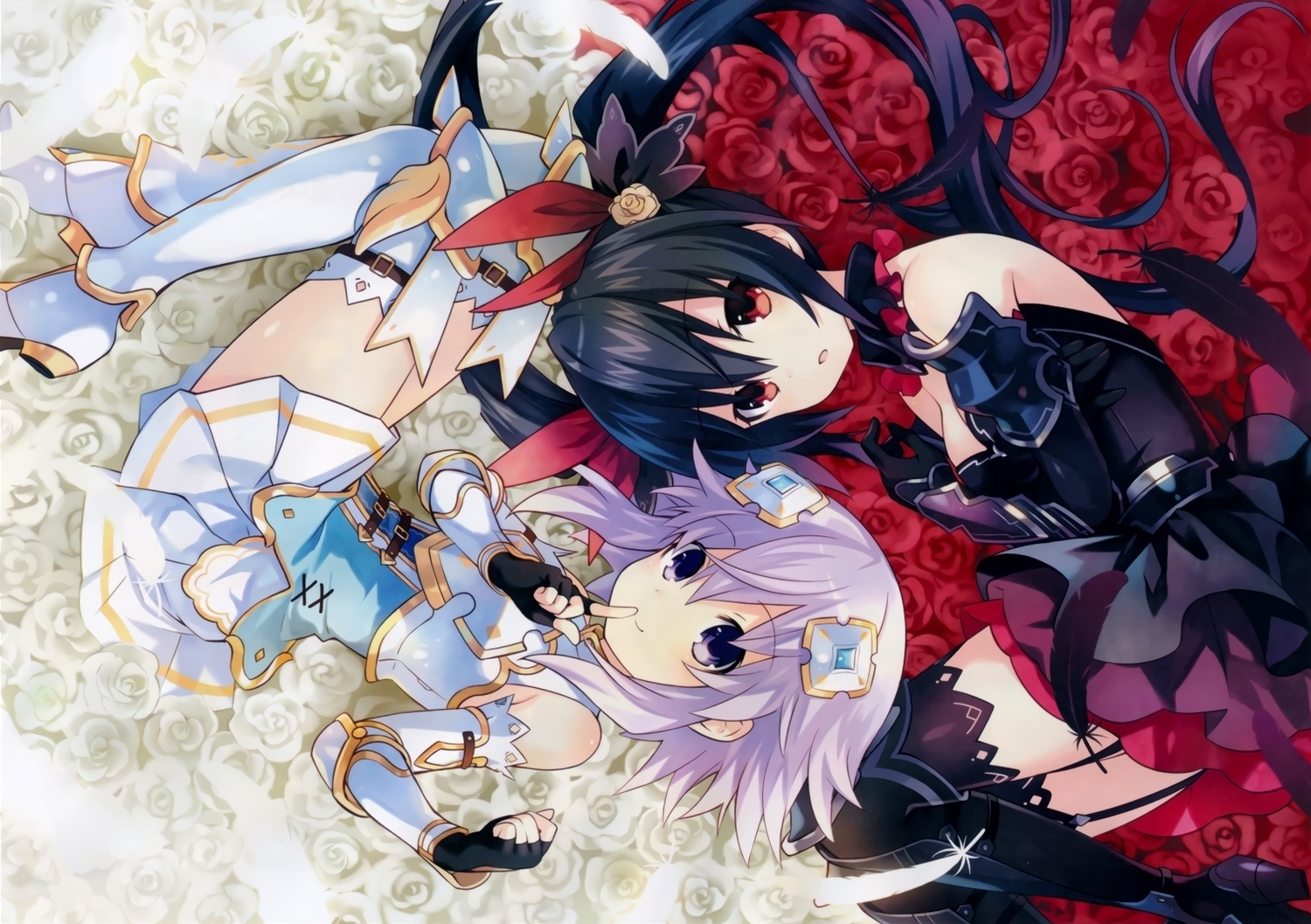 armor, blonde_hair, breasts, cleavage, cropped, flowers, gloves, hyperdimension_neptunia, long_hair, manamitsu, neptune, noire, purple_eyes, purple_hair, red_eyes, scan, short_hair, thighhighs, third-party_edit, twintails