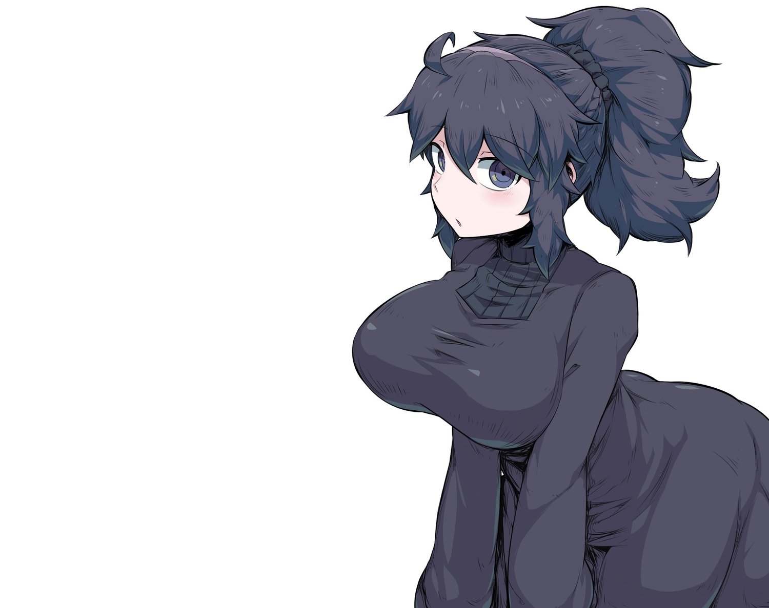 black_eyes, black_hair, braids, breast_hold, breasts, dress, headband, hex_maniac, long_hair, pokemon, polychromatic, ponytail, suzusiigasuki, white