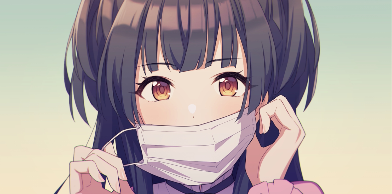 agata_(agatha), black_hair, brown_eyes, close, gradient, idolmaster, idolmaster_shiny_colors, long_hair, mask, mayuzumi_fuyuko, twintails
