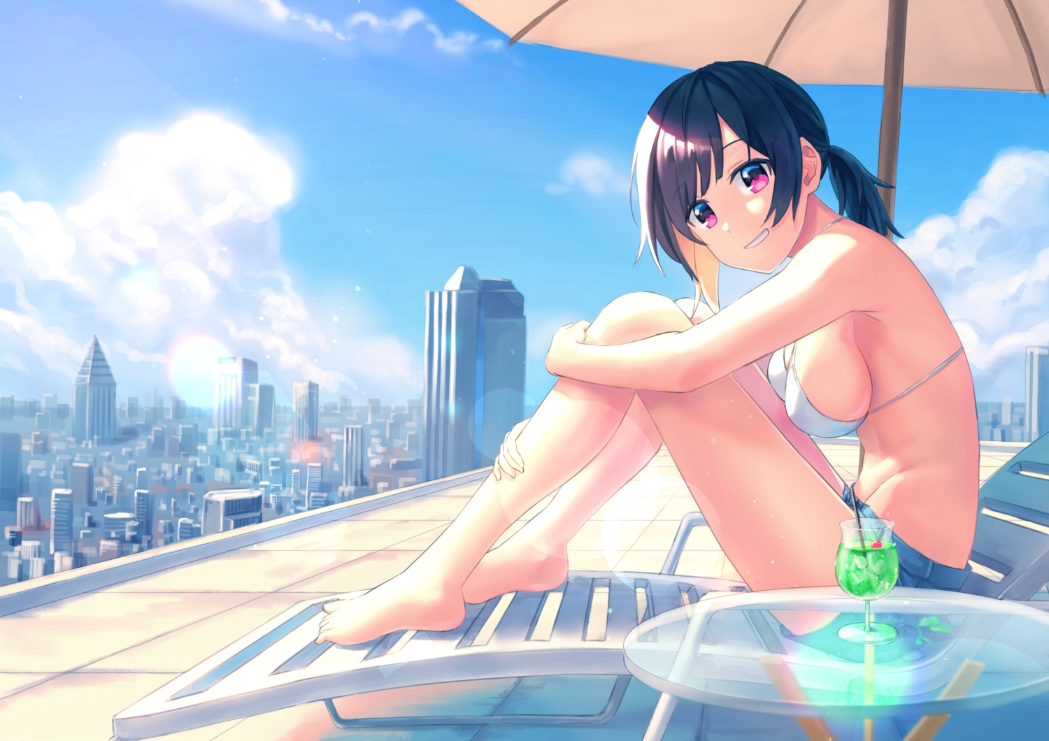 bikini_top, black_hair, breasts, building, city, clouds, drink, kurageso, original, pink_eyes, ponytail, rooftop, shorts, sky