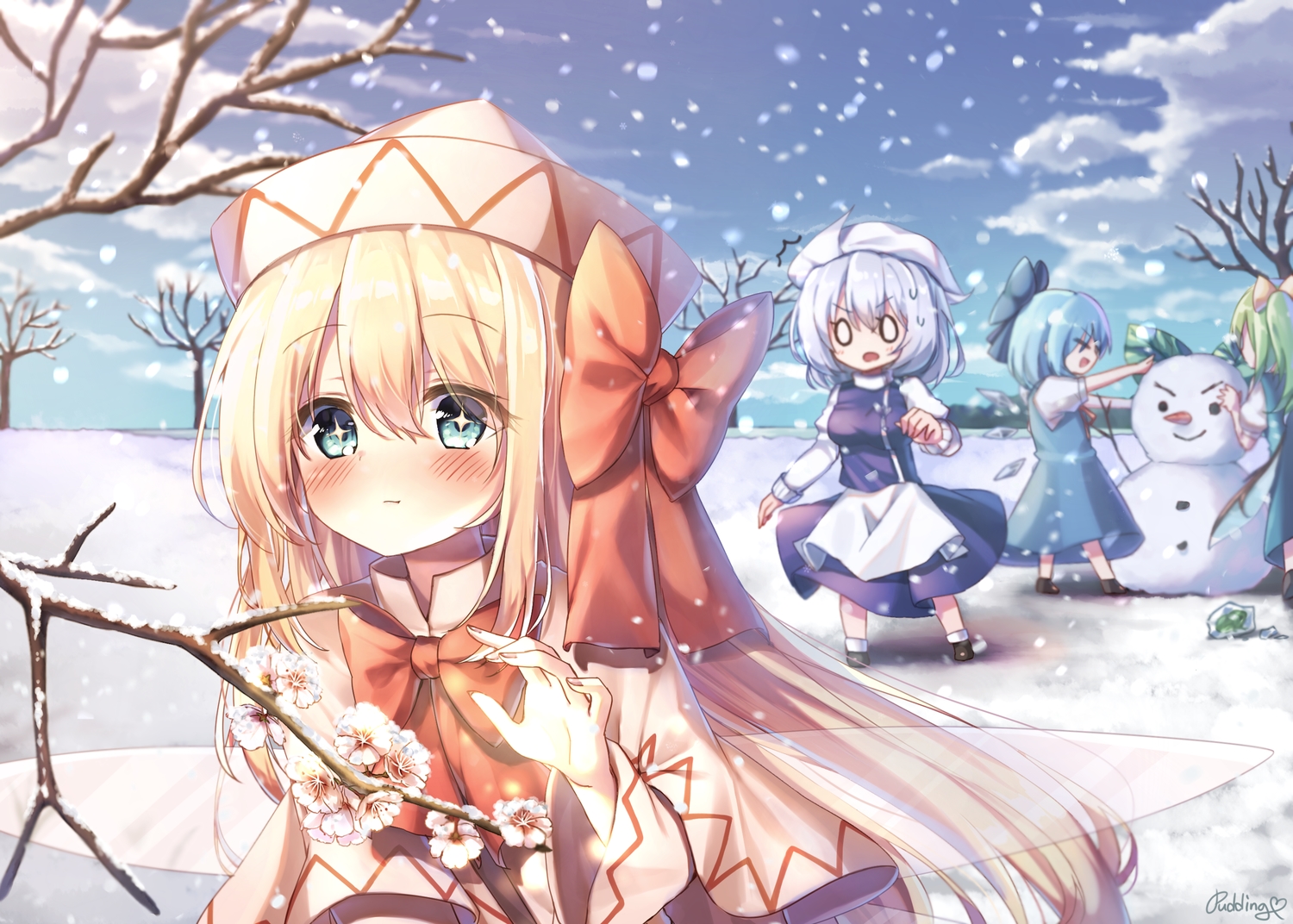 blonde_hair, blue_hair, blush, bow, cirno, clouds, daiyousei, fairy, flowers, green_eyes, group, hat, letty_whiterock, lily_white, long_hair, pudding_(skymint_028), short_hair, sky, snow, touhou