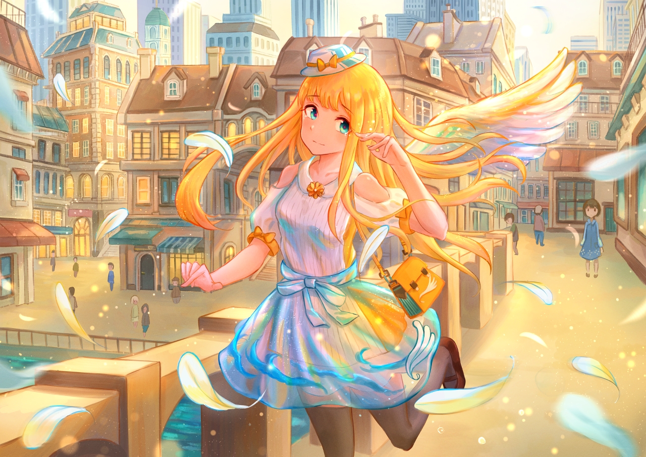 blonde_hair, bow, building, city, feathers, green_eyes, hat, kutsunohito