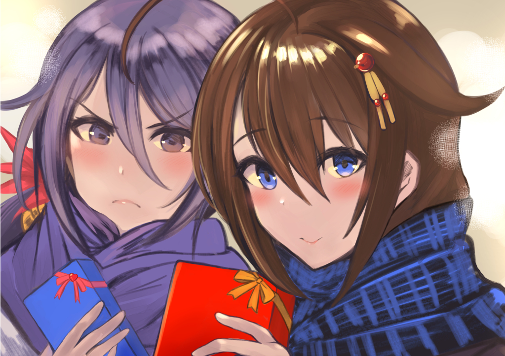 2girls, akebono_(kancolle), anthropomorphism, blue_eyes, brown_hair, close, eureka_(eureka-0075), kantai_collection, long_hair, purple_eyes, purple_hair, scarf, shigure_(kancolle), short_hair, valentine