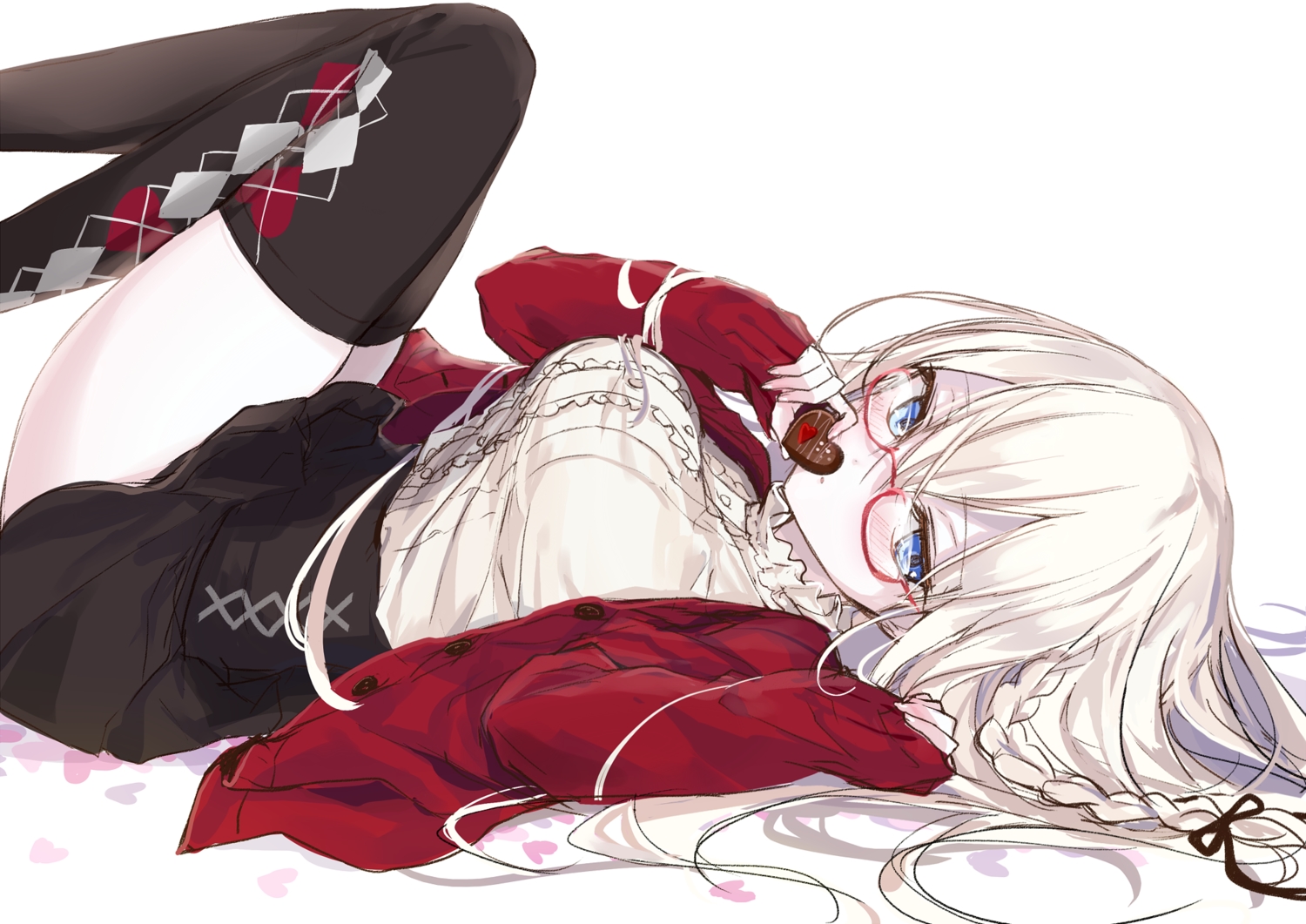 blue_eyes, blush, braids, chocolate, emia_(castilla), glasses, heart, long_hair