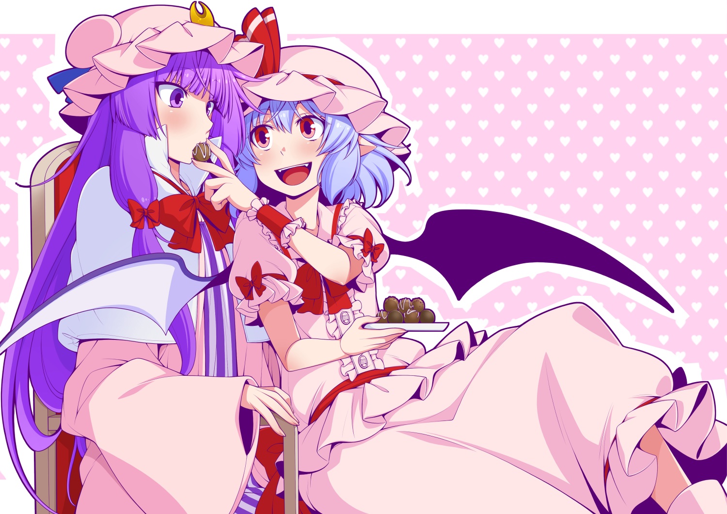 2girls, blue_hair, bow, candy, chocolate, dress, eichi_yuu, food