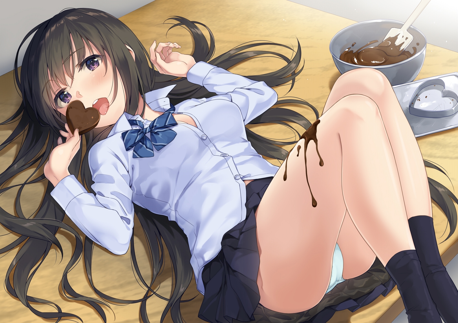 black_hair, blush, bow, cameltoe, candy, chocolate, kneehighs, long_hair