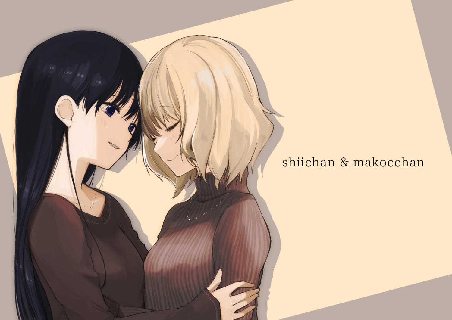 2girls, black_hair, blue_eyes, blush, brown_hair, keionism, long_hair, necklace, original, short_hair, shoujo_ai
