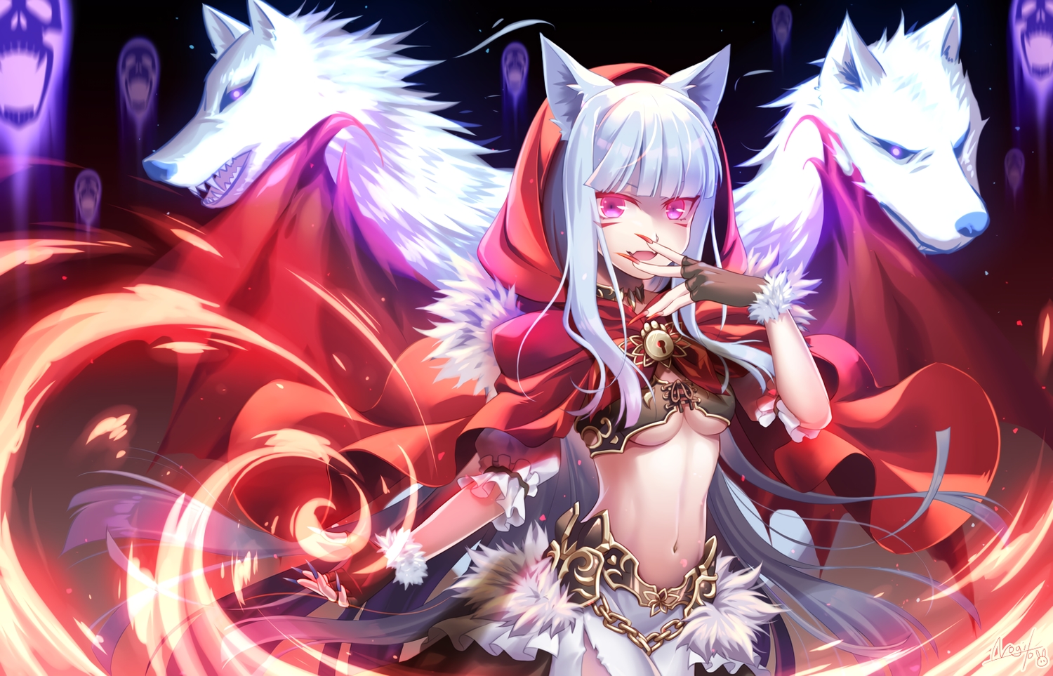 animal, breasts, cape, hood, kureha_(sound_voltex), little_red_riding_hood, long_hair, navel, nogi-to, signed, sound_voltex, underboob, white_hair, wolf