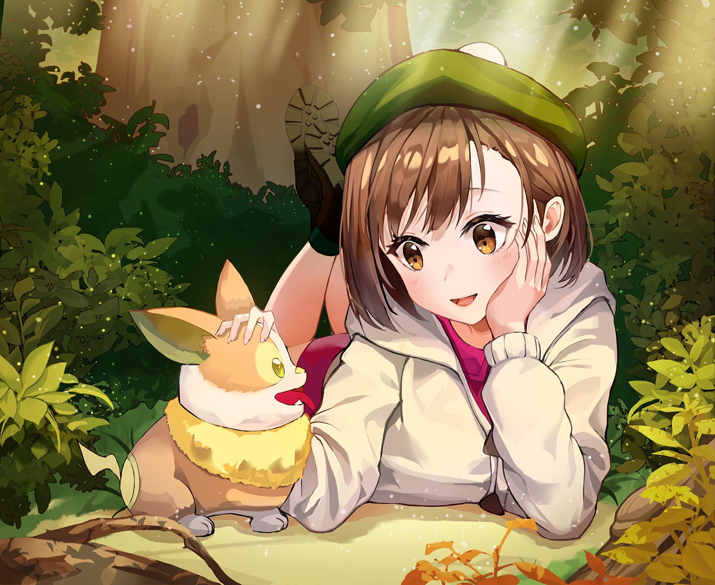 animal, brown_hair, dog, forest, green, hat, pokemon, short_hair, tem, tree, yamper, yuuri_(pokemon)