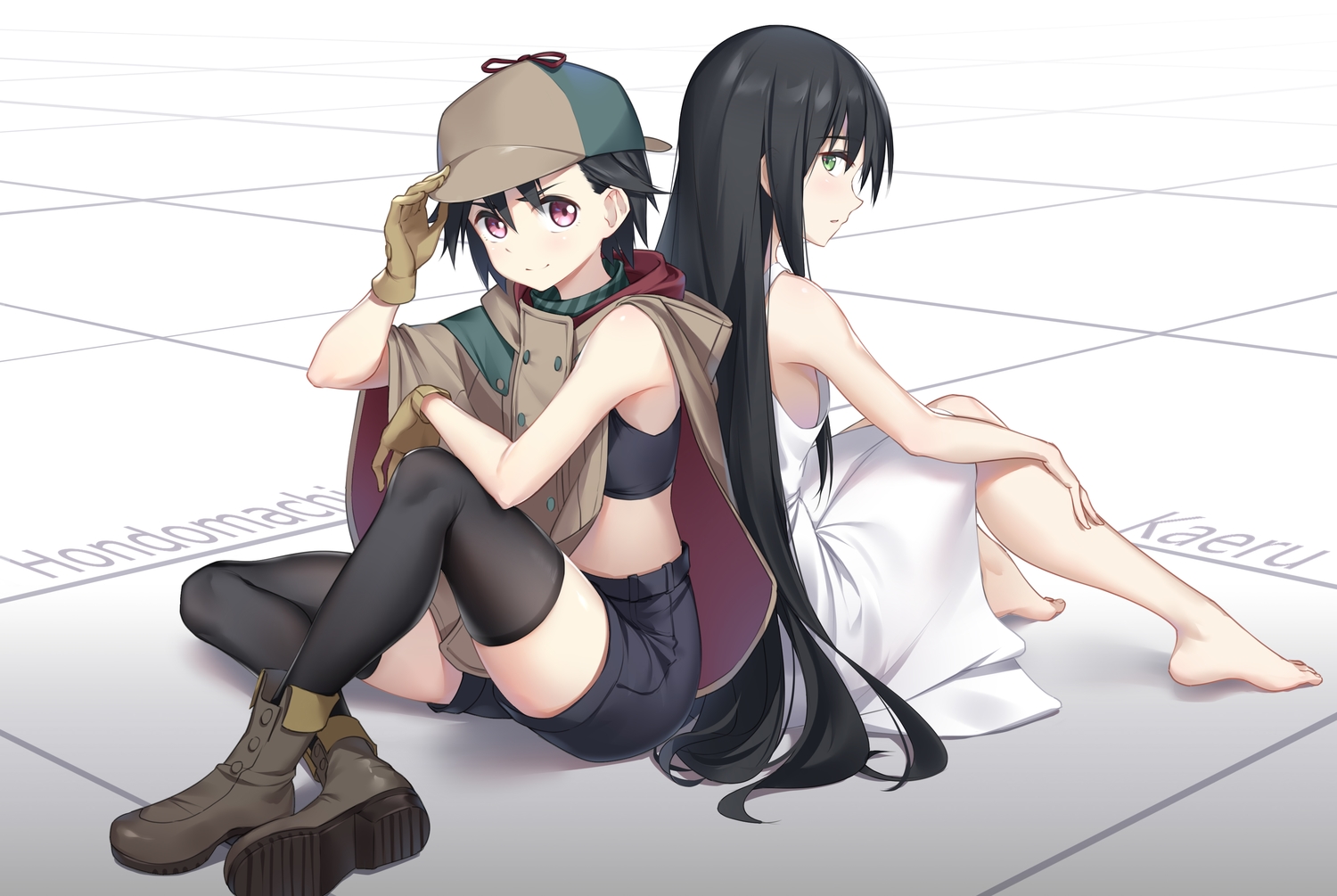 2girls, black_hair, hondoumachi_koharu, id_invaded, j-cube, kaeru-chan, long_hair, short_hair, thighhighs