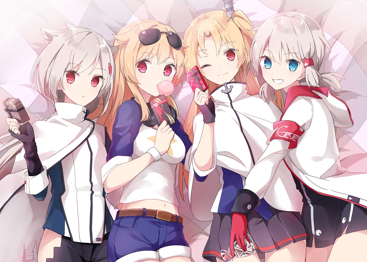 aa_(sin2324), anthropomorphism, azur_lane, cleveland_(azur_lane), columbia_(azur_lane), denver_(azur_lane), garter_belt, group, long_hair, montpelier_(azur_lane), short_hair, shorts, valentine, wink