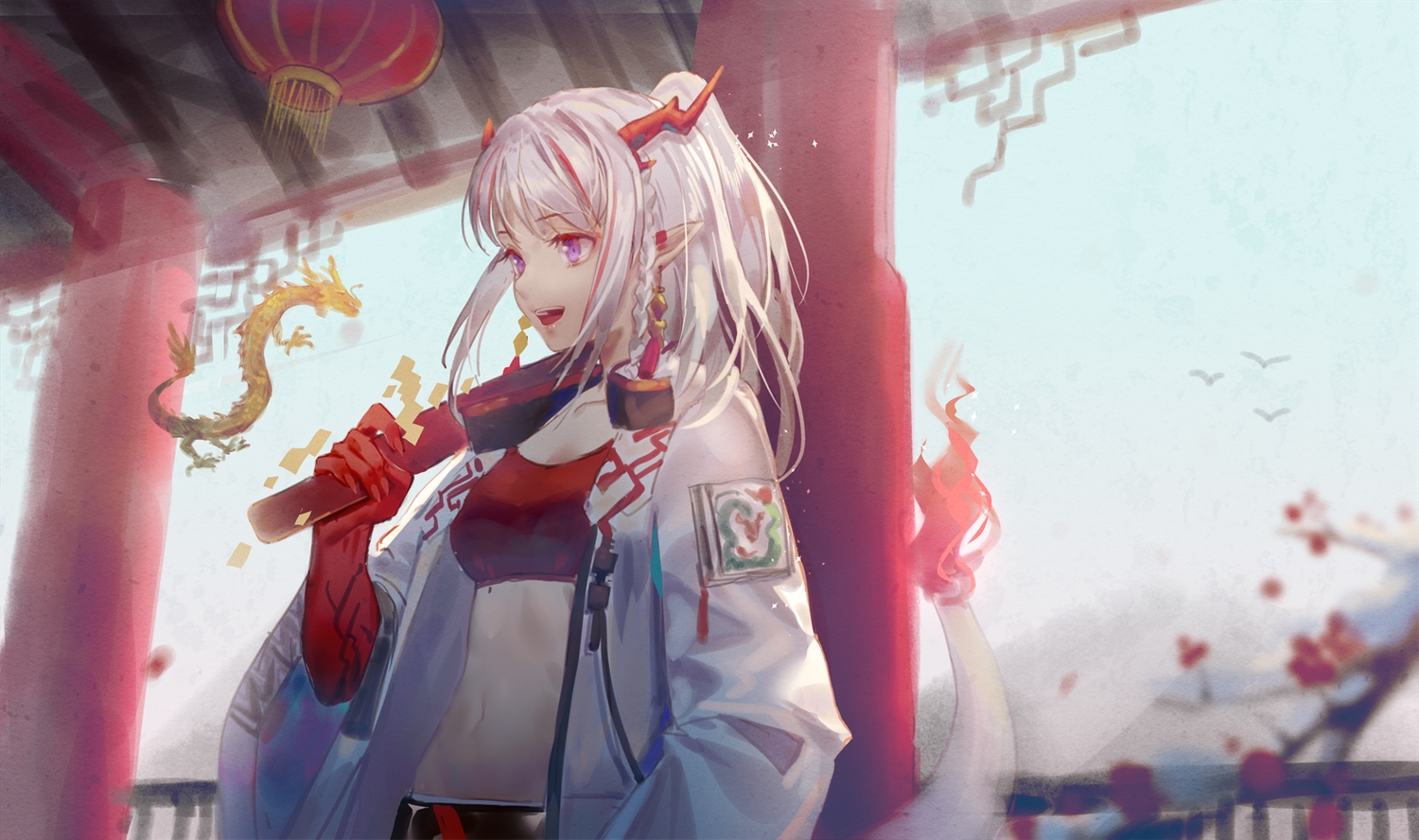 arknights, dragon, horns, ji_dao_ji, long_hair, nian_(arknights), pointed_ears, purple_eyes