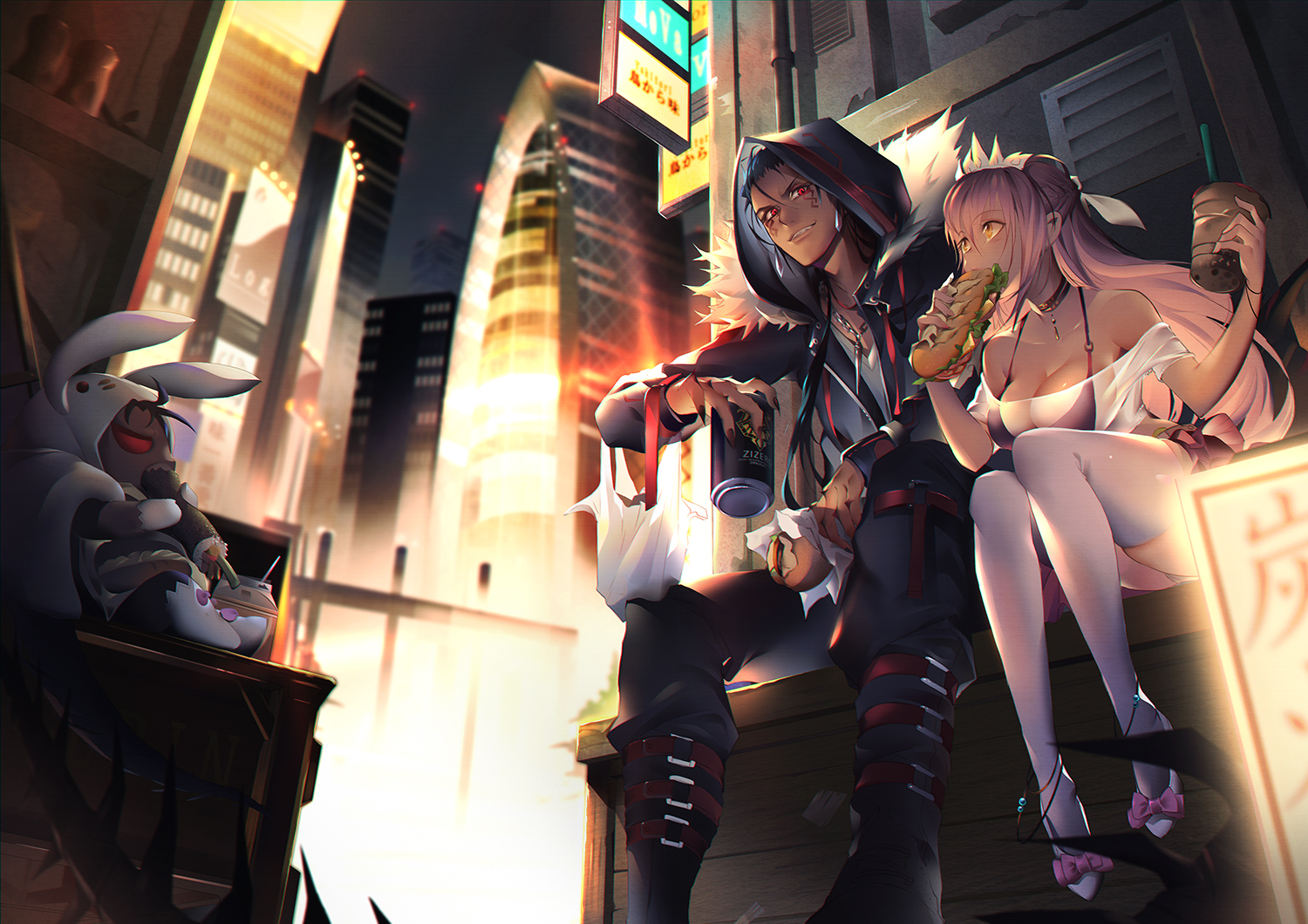 breasts, building, city, cleavage, cu_chulainn, cu_chulainn_alter_(fate/grand_order), dark_skin, drink