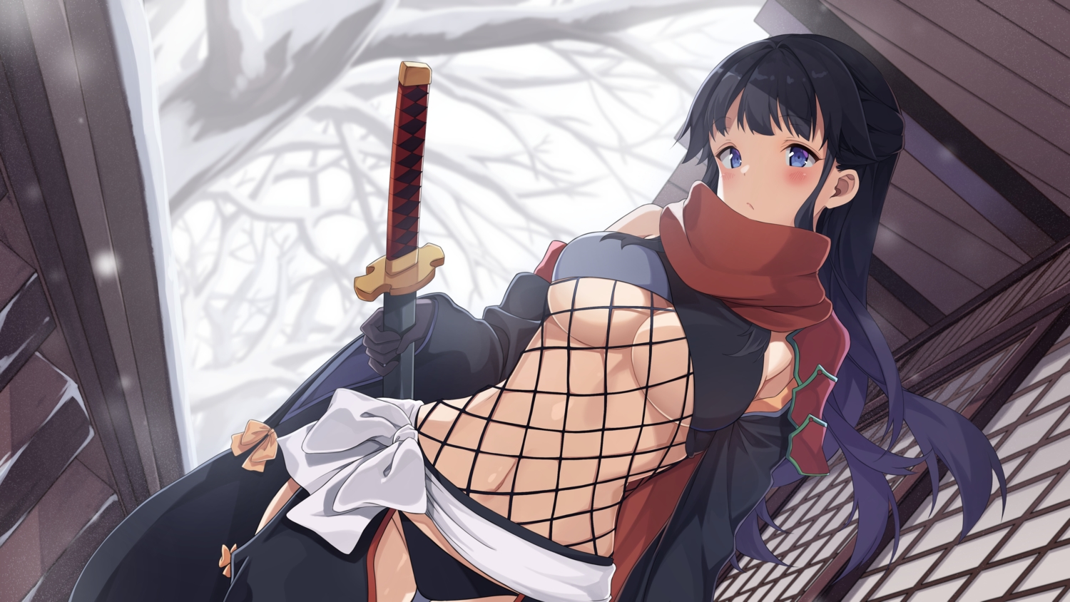 black_hair, breasts, gloves, katana, long_hair, navel, ninja, no_bra, original, ryan_edian, scarf, sword, tree, weapon