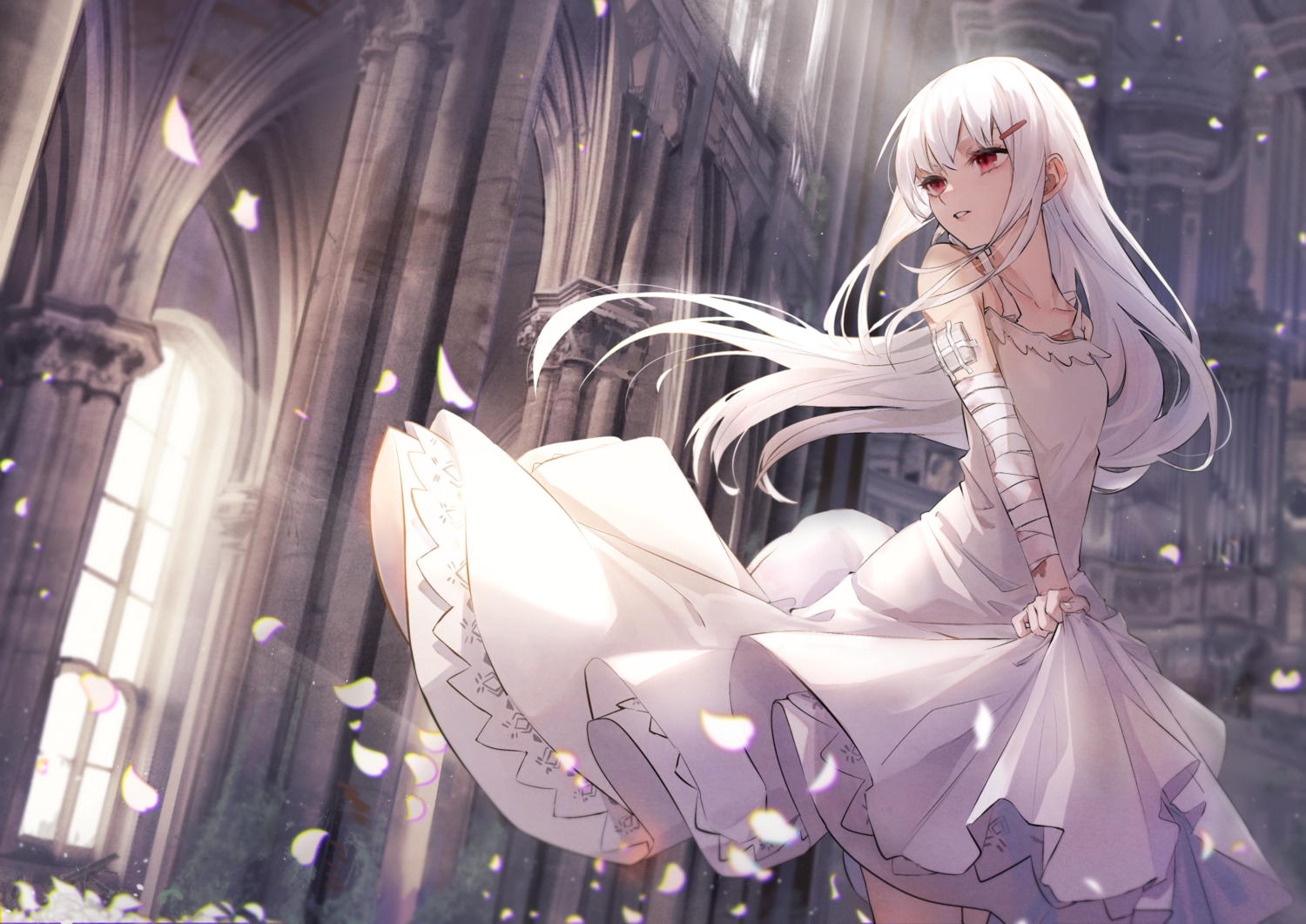 bandage, dress, eisuto, long_hair, original, red_eyes, scar, white_hair