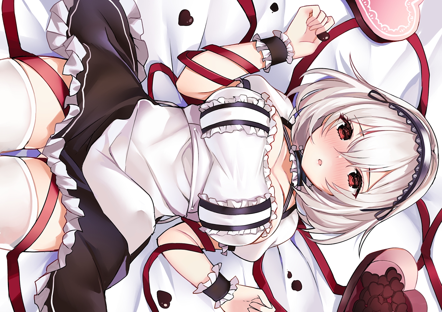 anthropomorphism, azur_lane, blush, chocolate, gray_hair, headband, maid, red_eyes, ry_thae, short_hair, sirius_(azur_lane), valentine, waifu2x