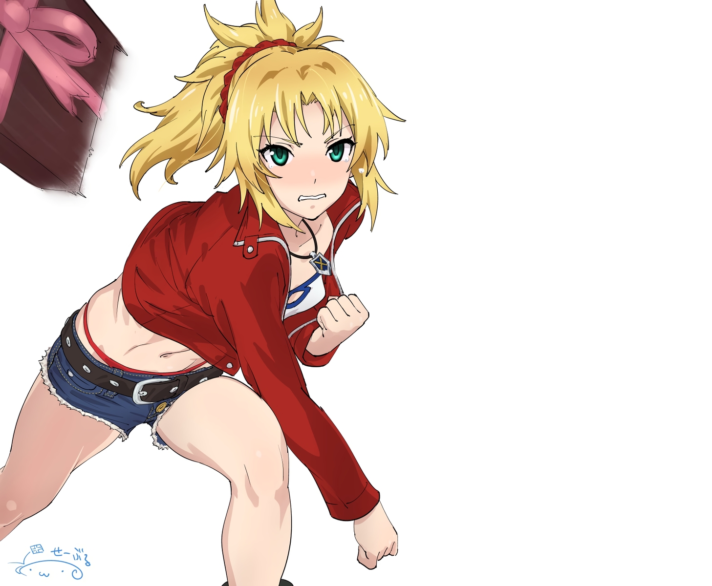 blonde_hair, fate/grand_order, fate_(series), green_eyes, mordred, navel, necklace, ponytail