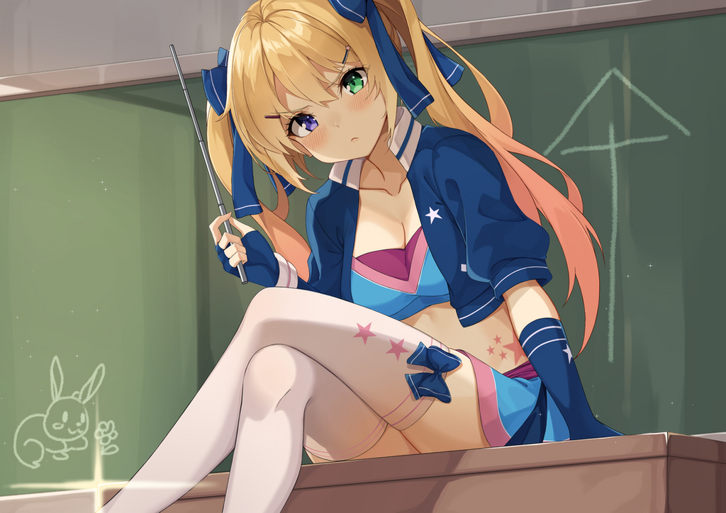 bicolored_eyes, blonde_hair, blush, bow, breasts, cleavage, elbow_gloves, gloves