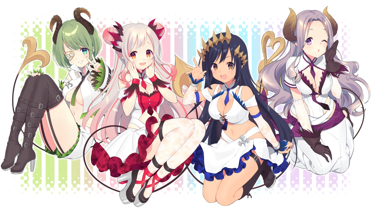 774_inc., blush, brown_eyes, demon, eyepatch, gloves, gray_hair, green_hair, group, honey_strap, horns, kusumoto_shizuru, navel, no_bra, orange_eyes, pointed_ears, purple_eyes, saionji_mary, sekishiro_mico, shimamura_charlotte, short_hair, skirt, suou_patra, tail, tie, wink