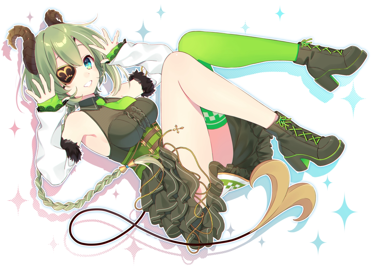 774_inc., aqua_eyes, blush, boots, braids, cross, demon, dress