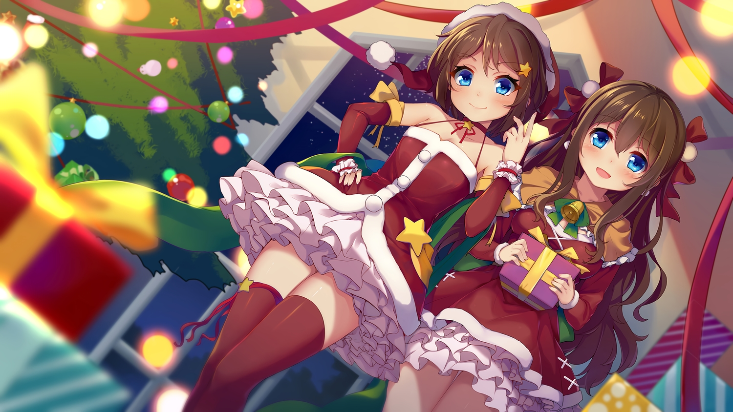 2girls, aqua_eyes, bell, blush, bow, brown_hair, christmas, dress