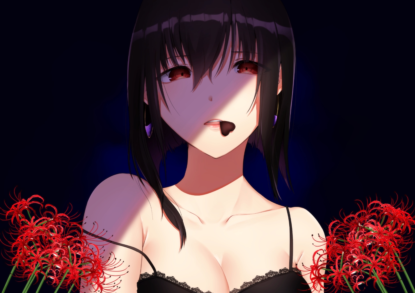 black_hair, breasts, candy, chocolate, cleavage, close, flowers, kyuuketsu_hime_no_libra, lycoris_radiata, nagura_shiro, no_bra, red_eyes, short_hair