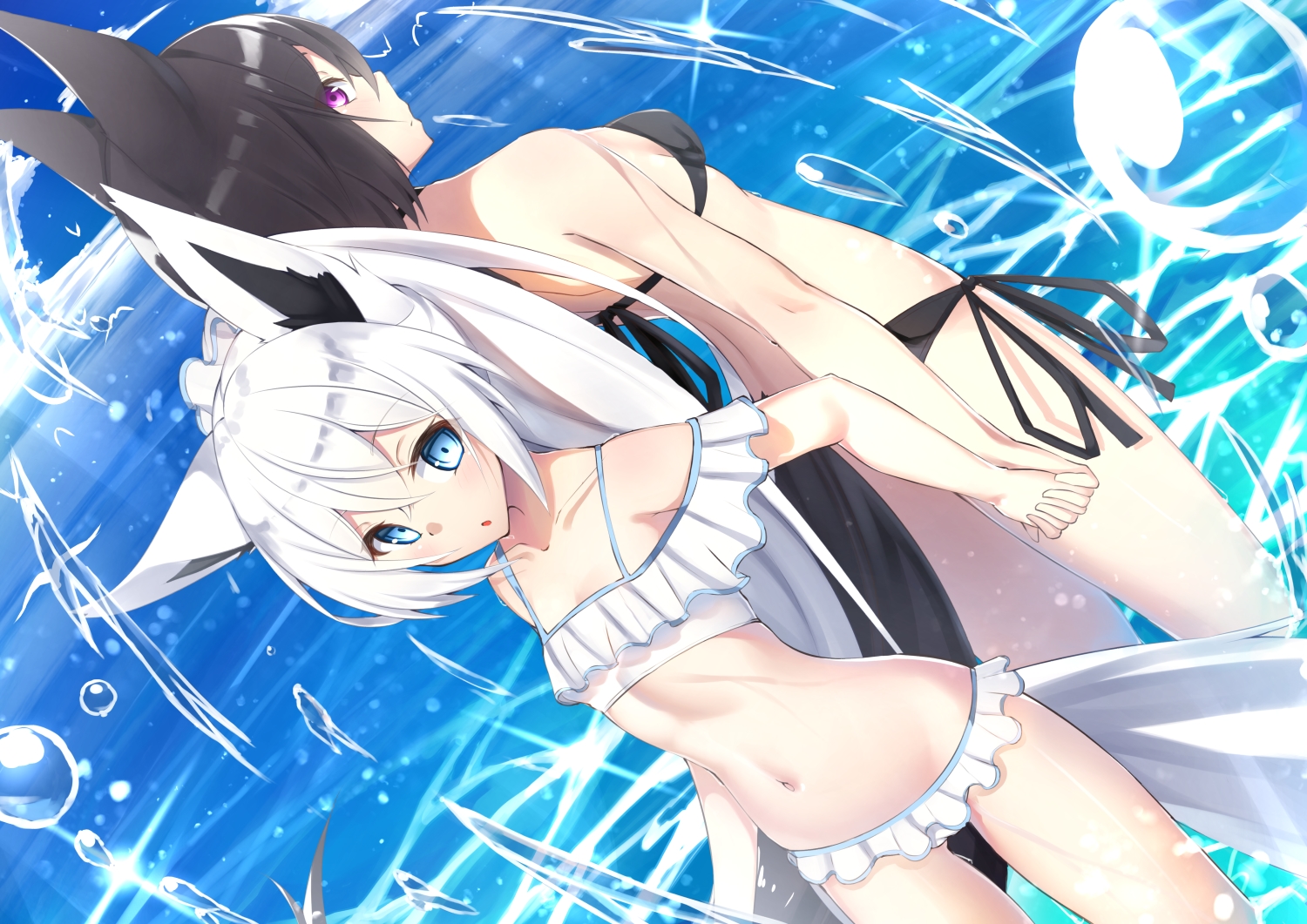 2girls, animal_ears, bikini, flat_chest, foxgirl, original, shiro_youduki, swimsuit