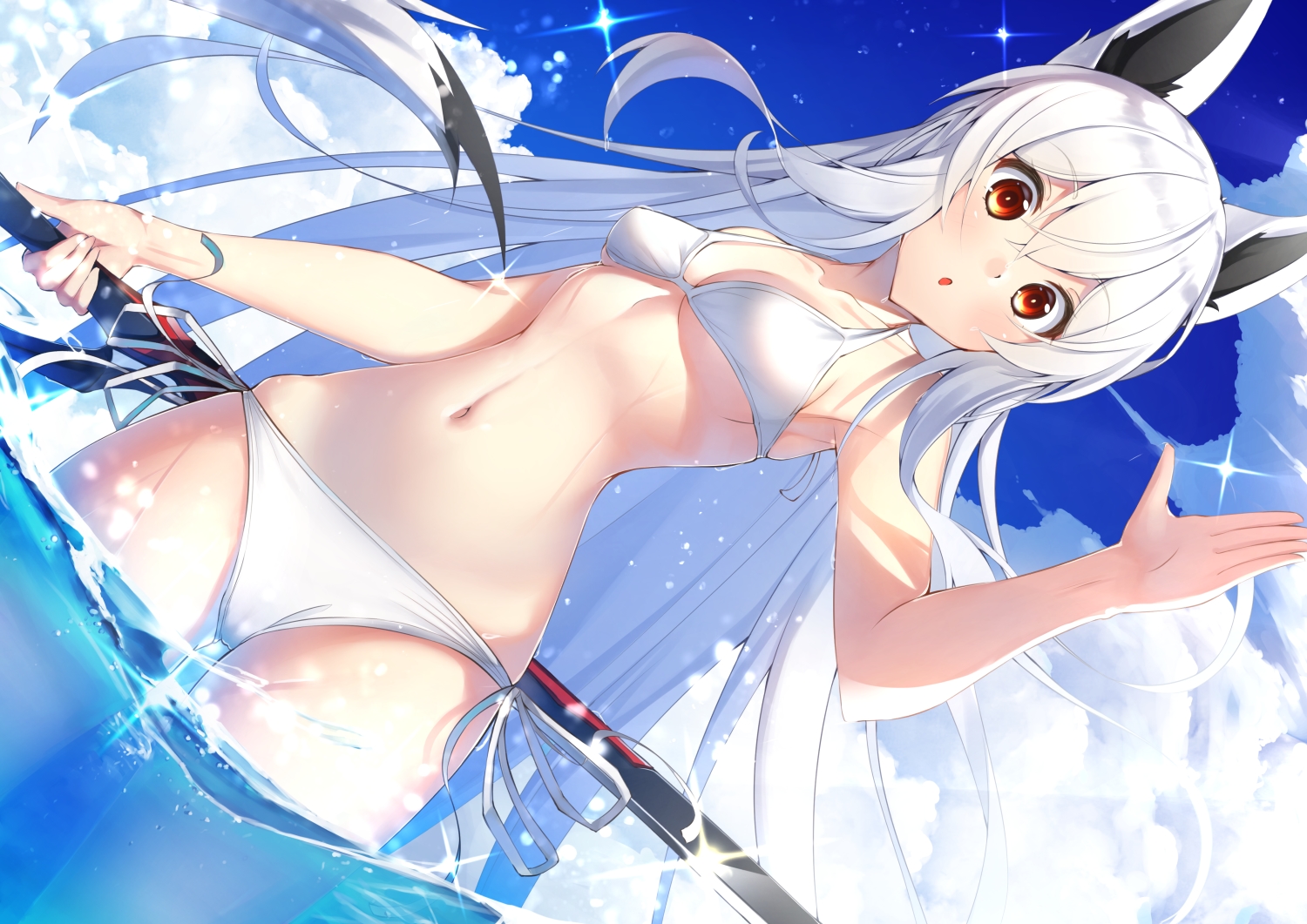 animal_ears, bikini, foxgirl, long_hair, original, shiro_youduki, swimsuit, sword, water, weapon